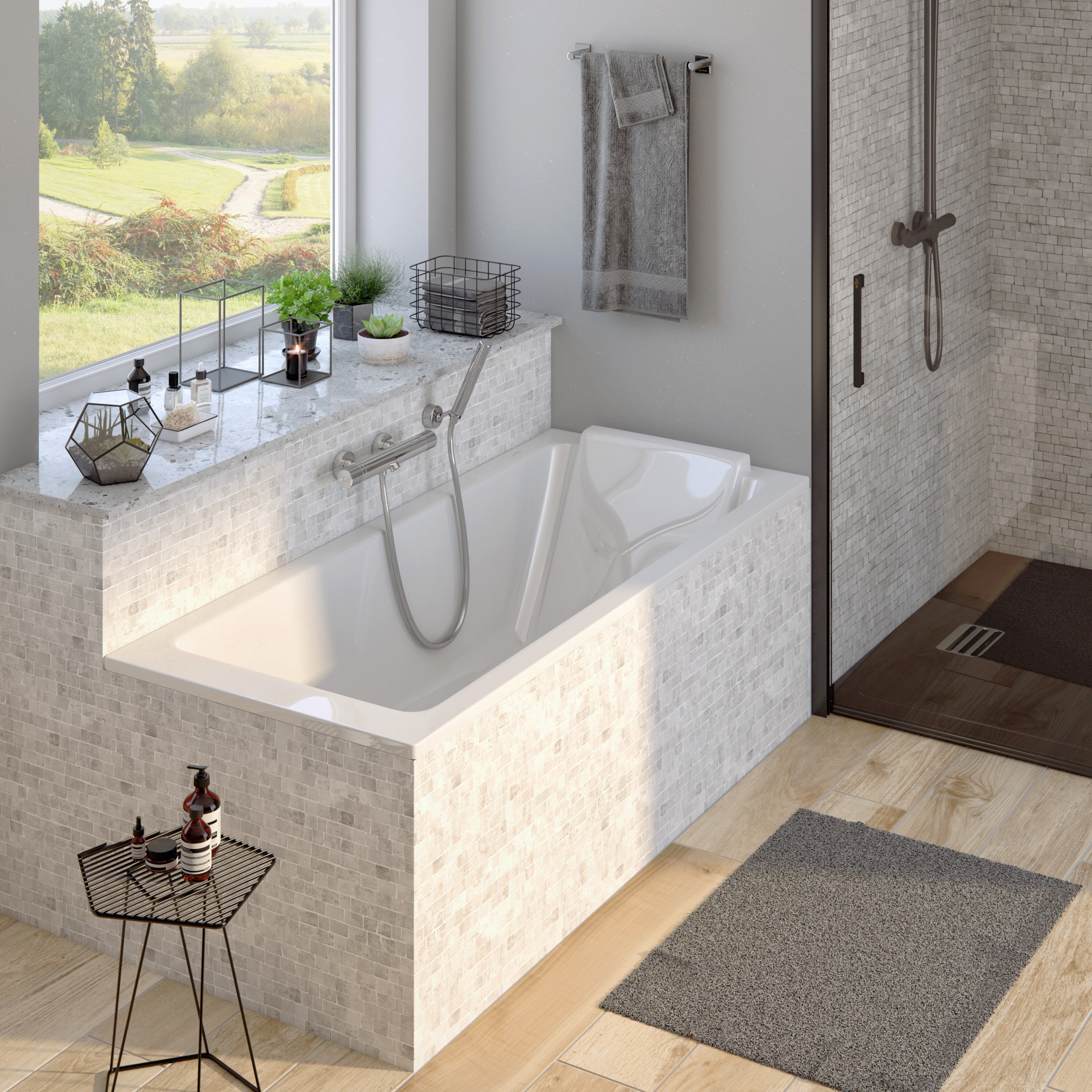 Une baignoire SOFA au style rustique avec un beau tablier en pierre